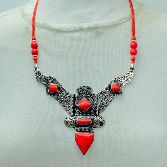 Red Tibetan Coral Gemstone Handmade Necklace,Beaded Chain Nepalese Style Necklac - Picture 3 of 10